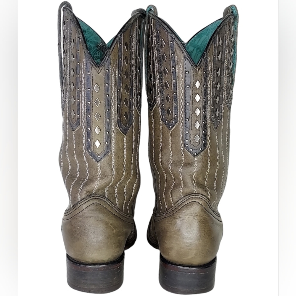 Corral Size 8.5M Taupe Silver Studs Laced Leather Snip Toe Coastal Cowgirl Boots - Picture 8 of 13
